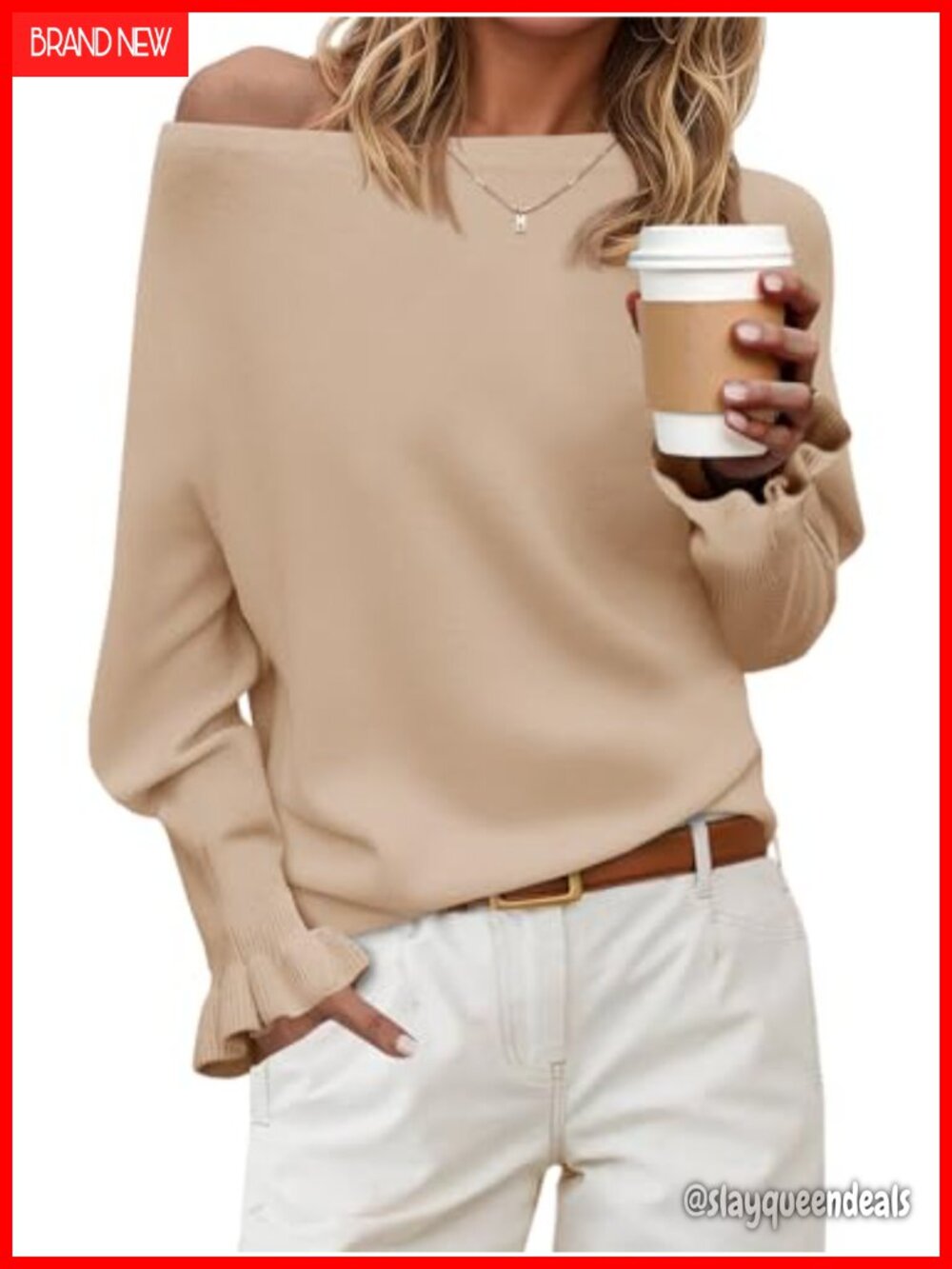 Womens Boat Neck Off Shoulder Ruffle Knit Pullover Sweater